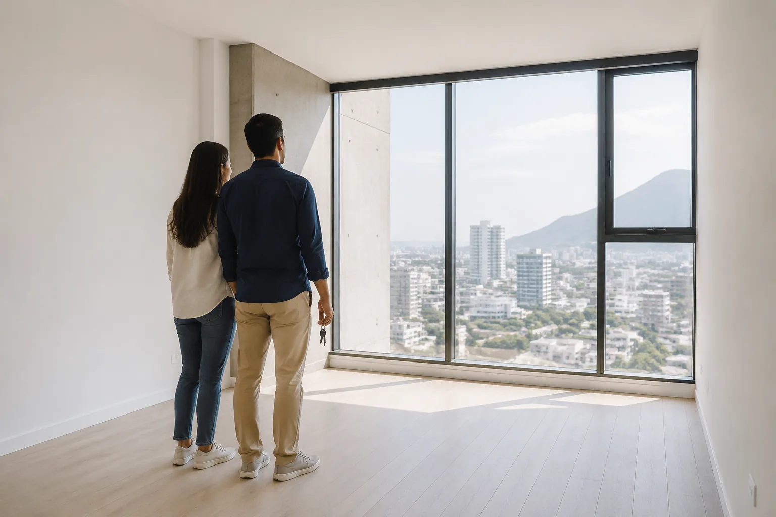 Pareja joven recibiendo la llave de su departamento en Monterrey