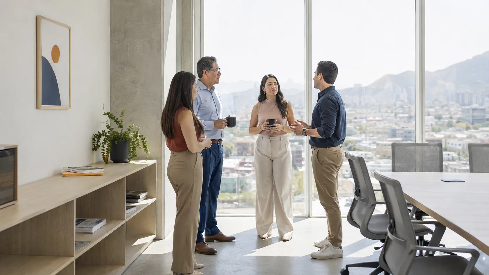 Equipo de oficina conversando junto al ventanal, con Monterrey al fondo